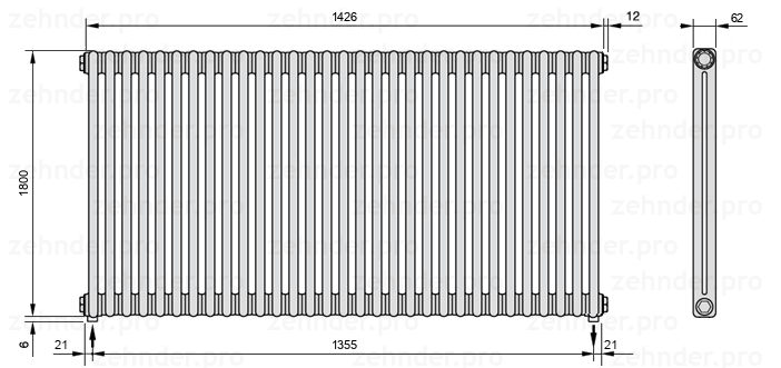 Схема (чертеж) Радиатор Zehnder Charleston 2180/31 №3570 Technoline TL